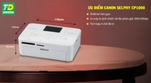Máy in ảnh Canon Selphy CP1000 màu trắng đặt trên bàn