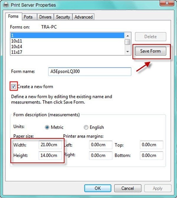 Giao diện Print Server Properties thiết lập khổ giấy A5 mới để in hóa đơn