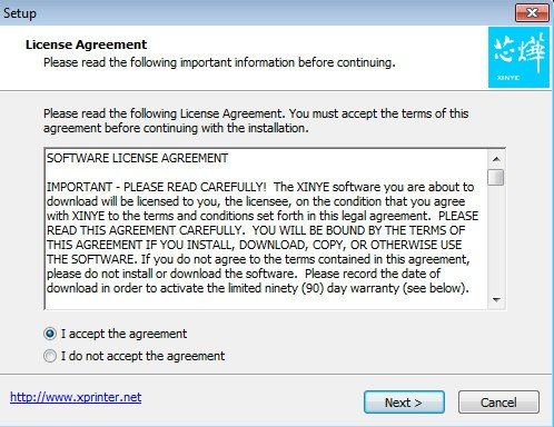 Giao diện chấp nhận điều khoản cài đặt driver Xprinter K80