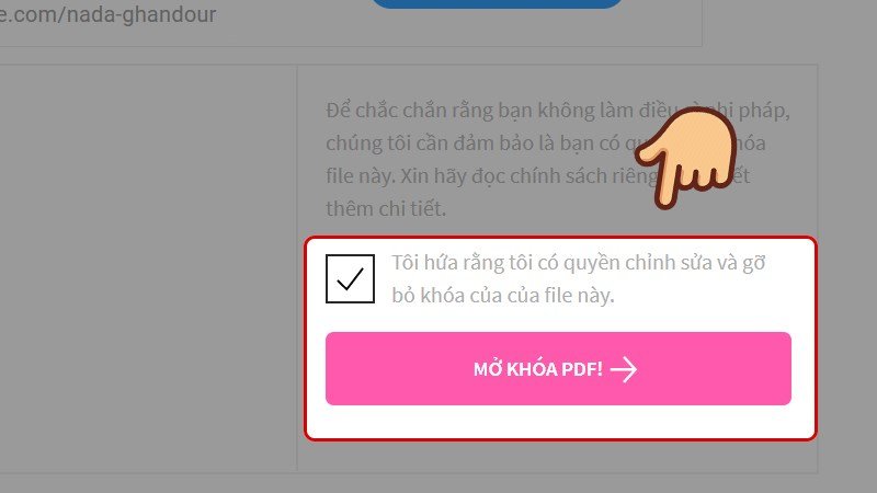 Xác nhận quyền và chọn Mở khóa PDF trên Smallpdf