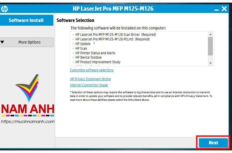 Bước chọn Next khi bắt đầu cài đặt driver HP M125a