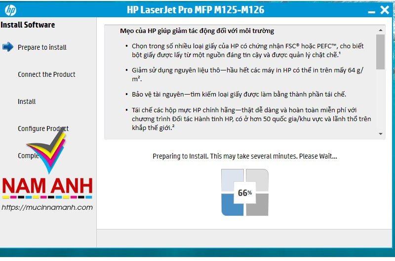 Quá trình cài đặt driver máy in HP LaserJet Pro M125a đang diễn ra