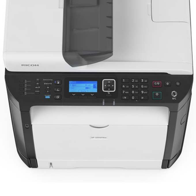 Cận cảnh máy in đa năng Ricoh SP 325SFNw với bảng điều khiển và khay giấy ra tiện lợi