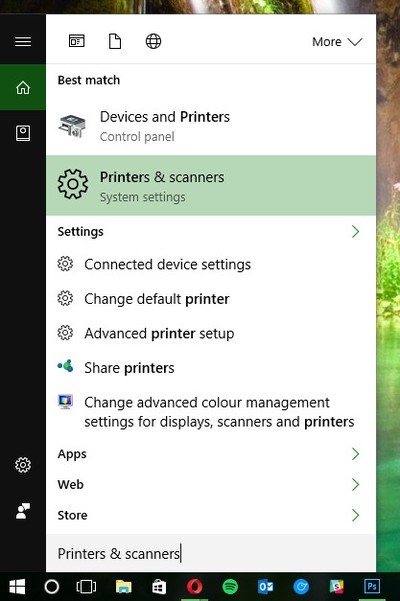 Mở cài đặt máy in và máy quét trên Windows 10 bằng cách tìm kiếm printer