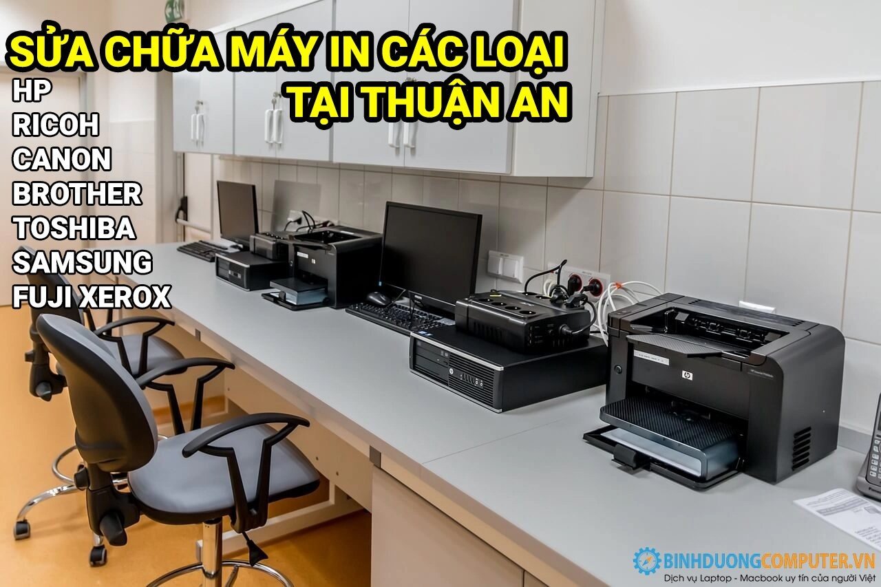 Kỹ thuật viên đang sửa chữa lỗi kẹt giấy máy in tại Thuận An