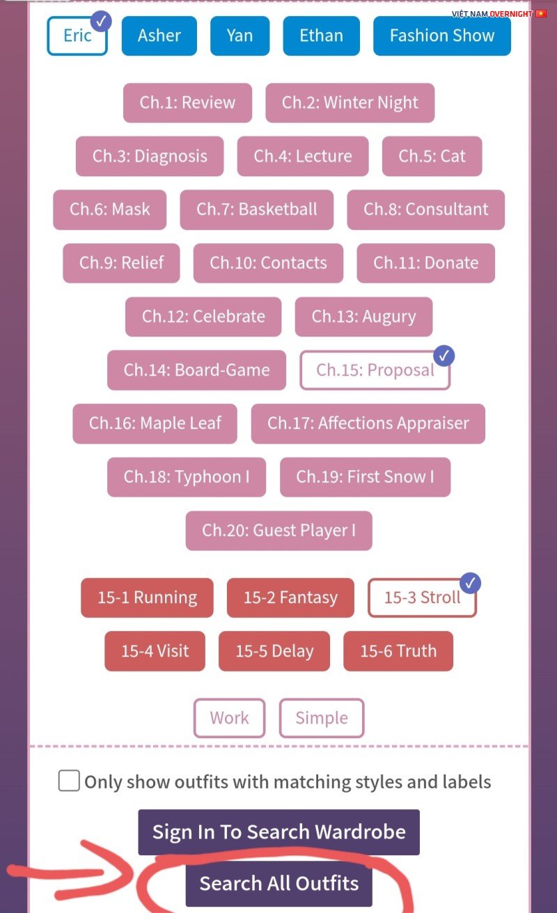 Chọn nhân vật và chương ải hẹn hò cụ thể trên Flipped in Love Outfit Builder