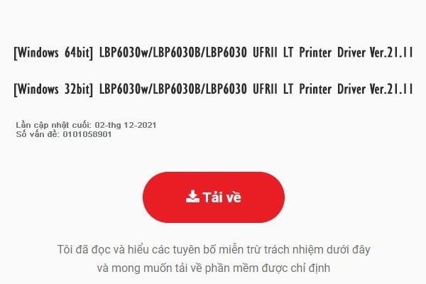 Giao diện tải driver Canon LBP 6030 từ trang chủ Canon cho các hệ điều hành Windows
