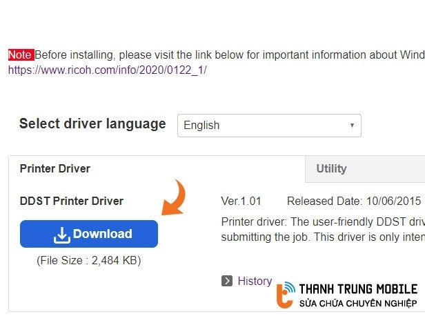 Tải Driver Ricoh trên trang chủ của hãng cho Windows 10