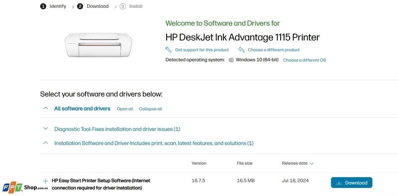 Chọn đúng phiên bản hệ điều hành để tải driver cho máy in HP DeskJet 1115
