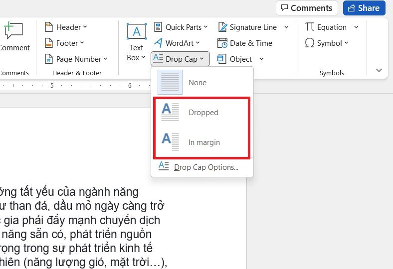 Các tùy chọn kiểu chữ Drop Cap cơ bản trong Microsoft Word: None, Dropped, In margin