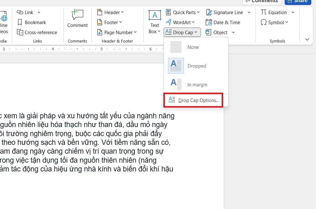 Mở hộp thoại Drop Cap Options để tùy chỉnh nâng cao chữ in hoa lớn