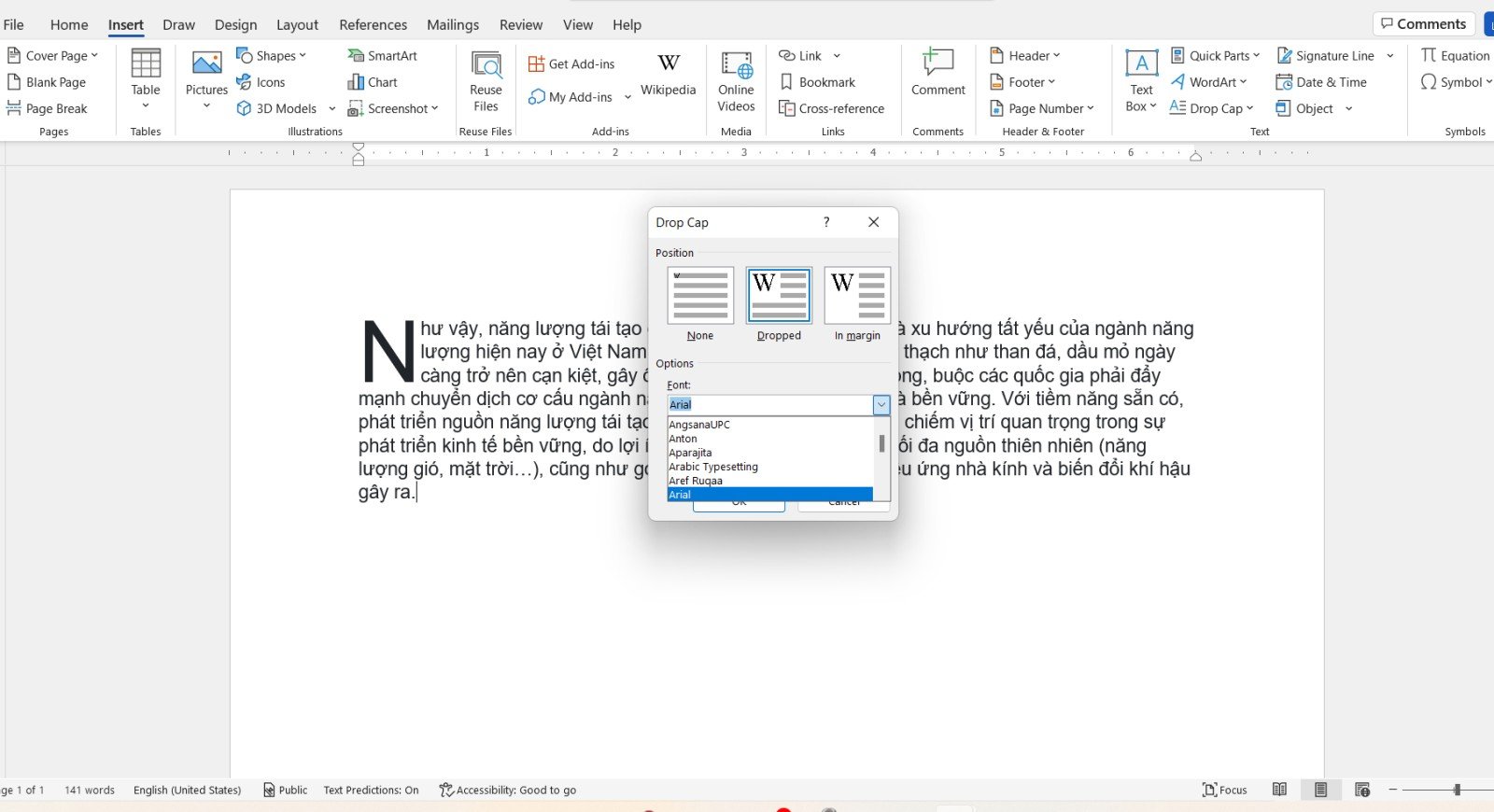 Thay đổi phông chữ cho Drop Cap trong phần Drop Cap Options của Word