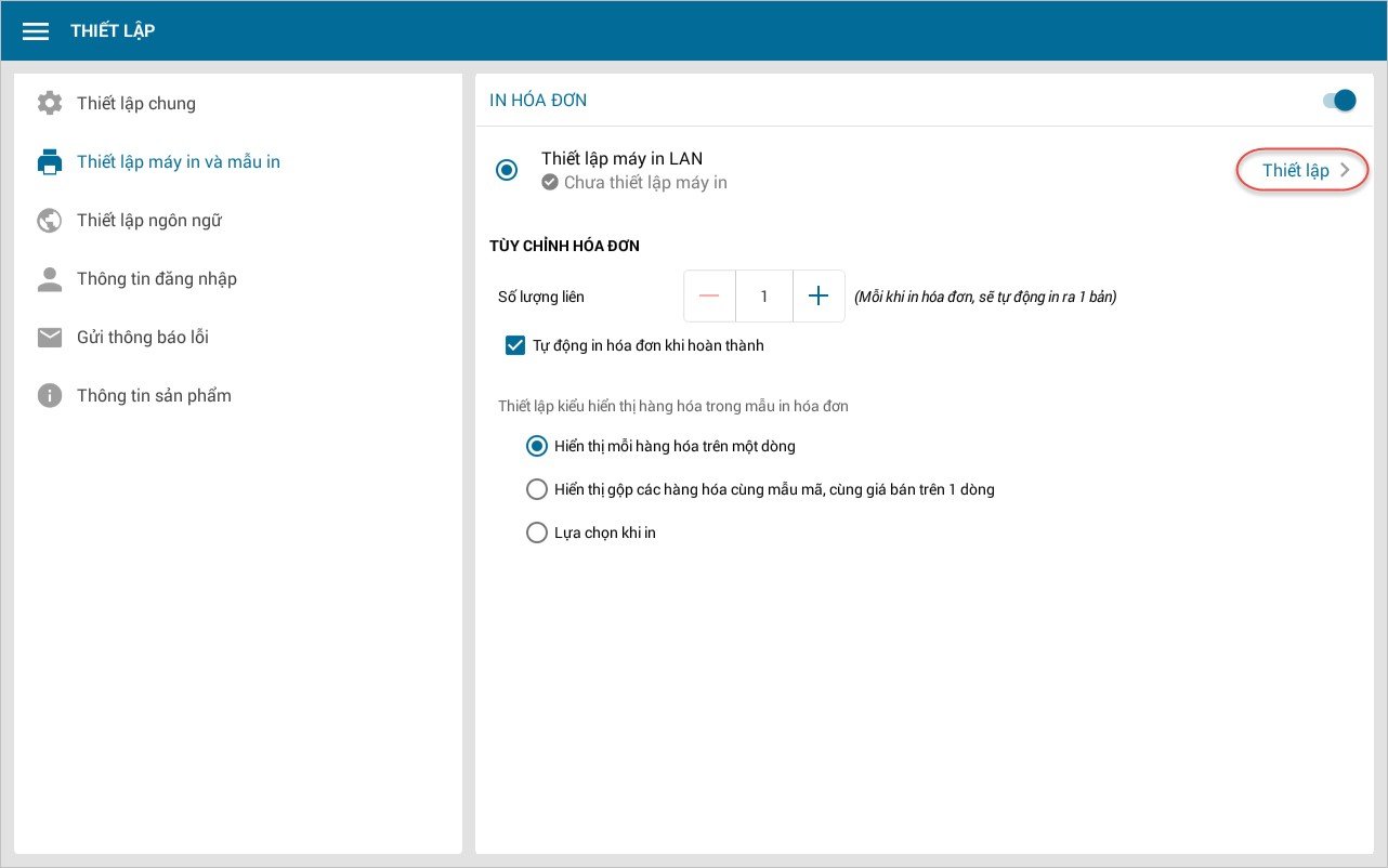 Giao diện kích hoạt chức năng in hóa đơn và thiết lập máy in trên phần mềm