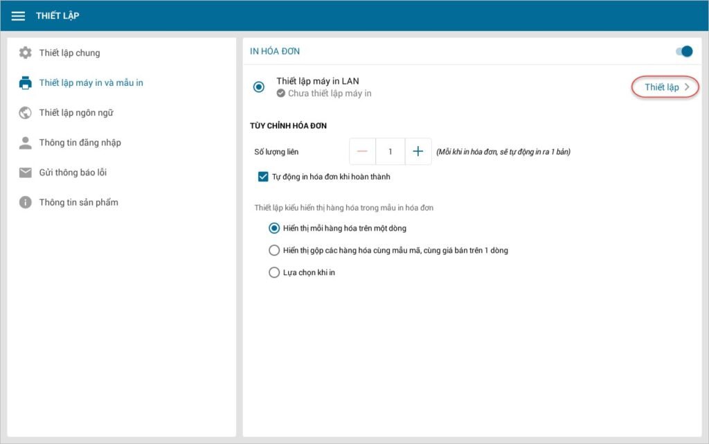 Giao diện kích hoạt chức năng in hóa đơn và thiết lập máy in trên phần mềm