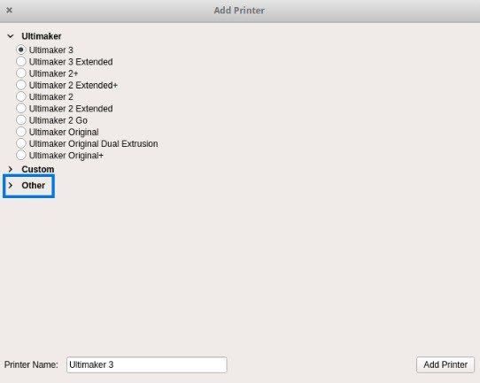 Giao diện lựa chọn máy in 3D trong phần mềm Cura