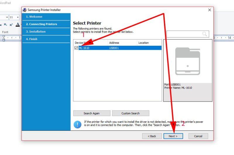 Chọn tên máy in Samsung ML 1640 trong danh sách thiết bị