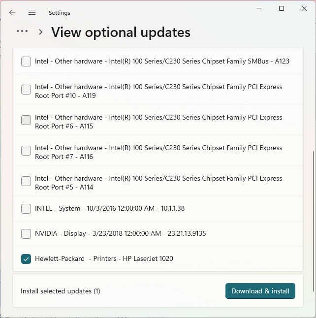 Danh sách bản cập nhật driver tùy chọn hiển thị driver máy in cần cài