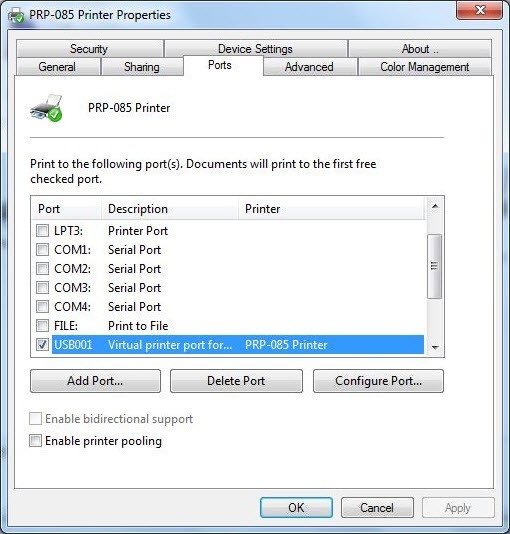 Tab Ports trong Printer properties hiển thị các cổng USB ảo