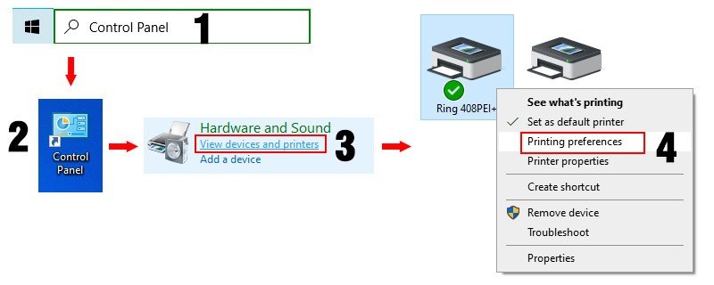 Hướng dẫn truy cập Printer preferences trong Control Panel để điều chỉnh và giảm tốc độ máy in trên driver Seagull