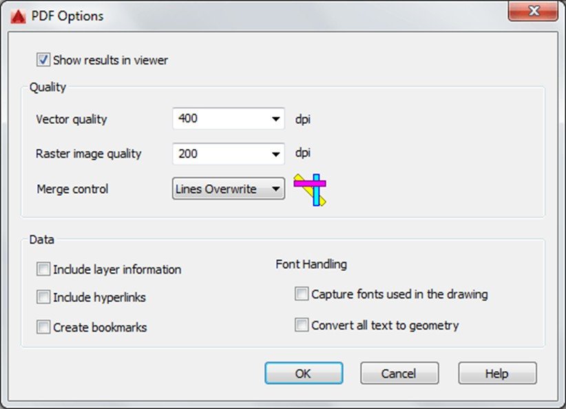 Bảng PDF Options trong AutoCAD với các cài đặt chi tiết về chất lượng vector, raster và dữ liệu cho file PDF
