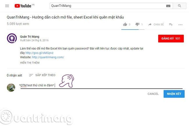 Hướng dẫn cách gõ ký hiệu dấu sao để in đậm chữ trong bình luận YouTube trên máy tính