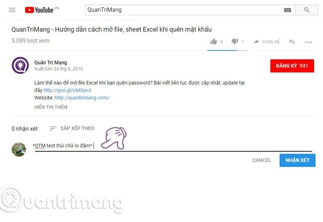 Mô tả cách gõ đoạn chữ in đậm trong bình luận YouTube