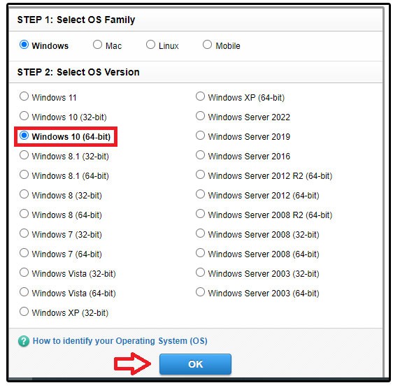 Chọn hệ điều hành Windows 10 64-bit để tải driver Brother HL-L2366DW