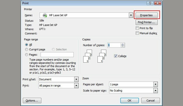 Giao diện Print Word 2007 để chọn Properties cho cách in 1 tờ 2 mặt