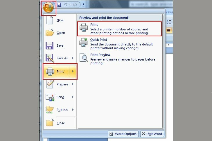 Mở hộp thoại Print trong Word 2007 cho cách in 1 tờ 2 mặt thủ công
