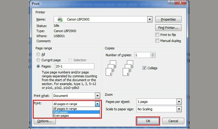 Chọn Odd Pages để in trang lẻ với cách in 1 tờ 2 mặt thủ công trên Word 2007