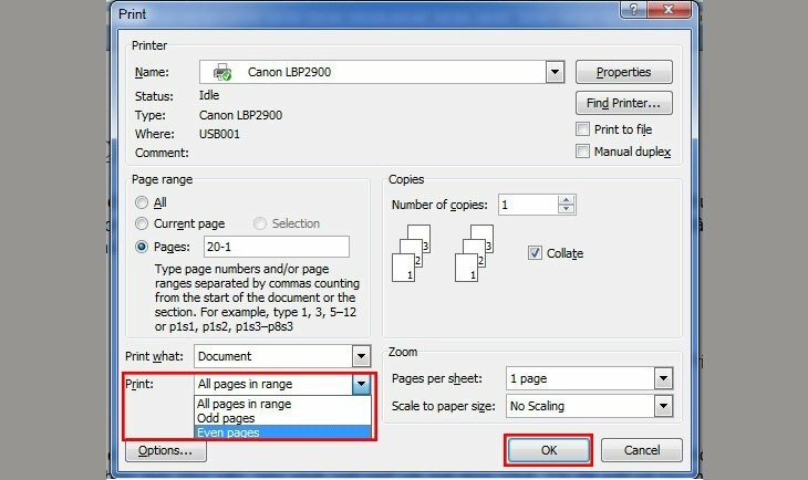 Chọn Even Pages để in trang chẵn hoàn tất cách in 1 tờ 2 mặt thủ công
