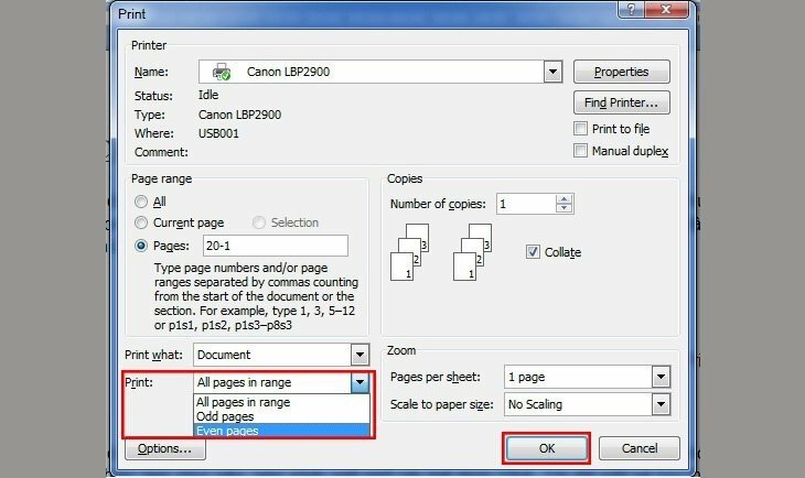 In mặt chẵn theo hướng dẫn