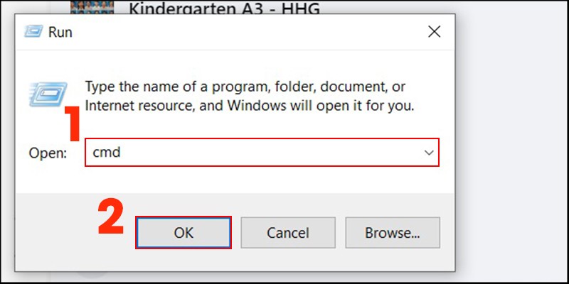 Hộp thoại Run với lệnh cmd được nhập để mở Command Prompt và hủy lệnh in máy HP