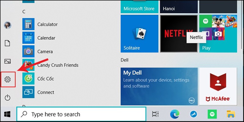 Truy cập Windows Settings từ Start Menu để bắt đầu quá trình hủy lệnh in máy HP