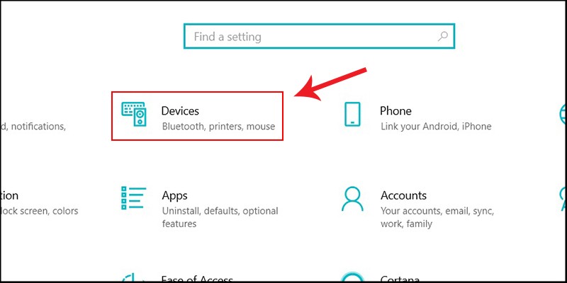 Chọn mục Devices trong Windows Settings để quản lý máy in HP và các lệnh in