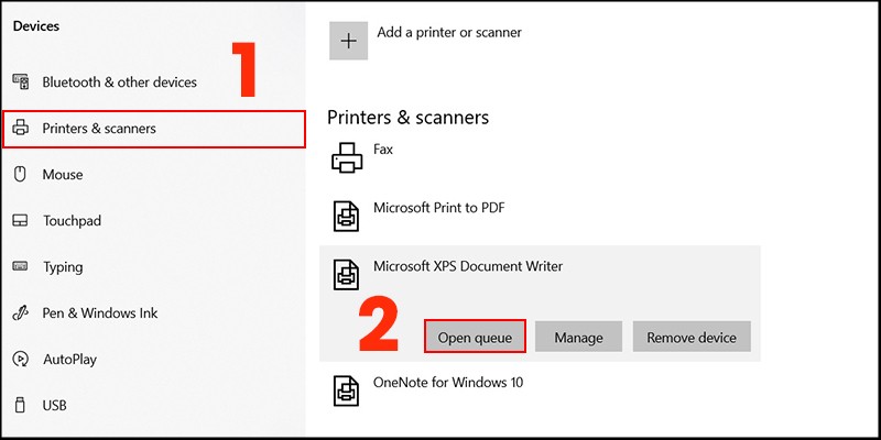Mục Printers & Scanners hiển thị tùy chọn mở hàng đợi Open Queue của máy in HP