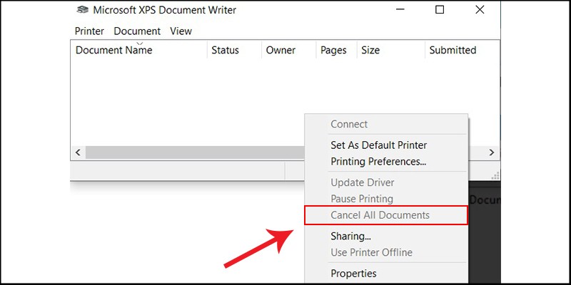 Cửa sổ hàng đợi in với tùy chọn Cancel All Documents để xóa mọi lệnh chờ trên máy HP