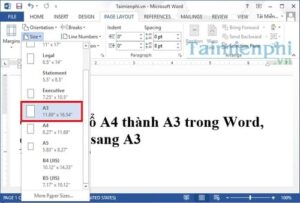 Chọn khổ giấy A3 trong tùy chọn Page Layout của Word