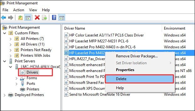 Xóa driver không còn sử dụng trong Print Management để chuẩn bị cài driver mới
