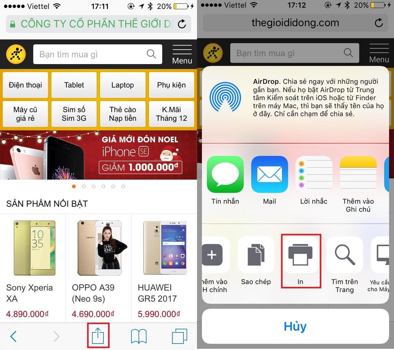 Chọn tùy chọn Print từ menu chia sẻ trên iPhone