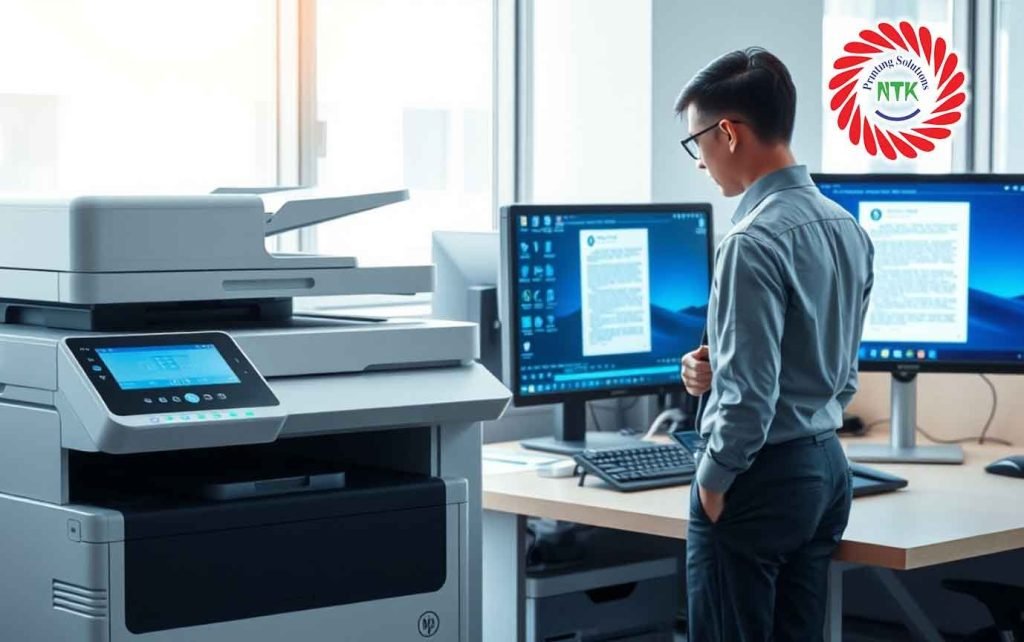 Hình ảnh một người dùng đang kiểm tra lại tài liệu in bị lỗi