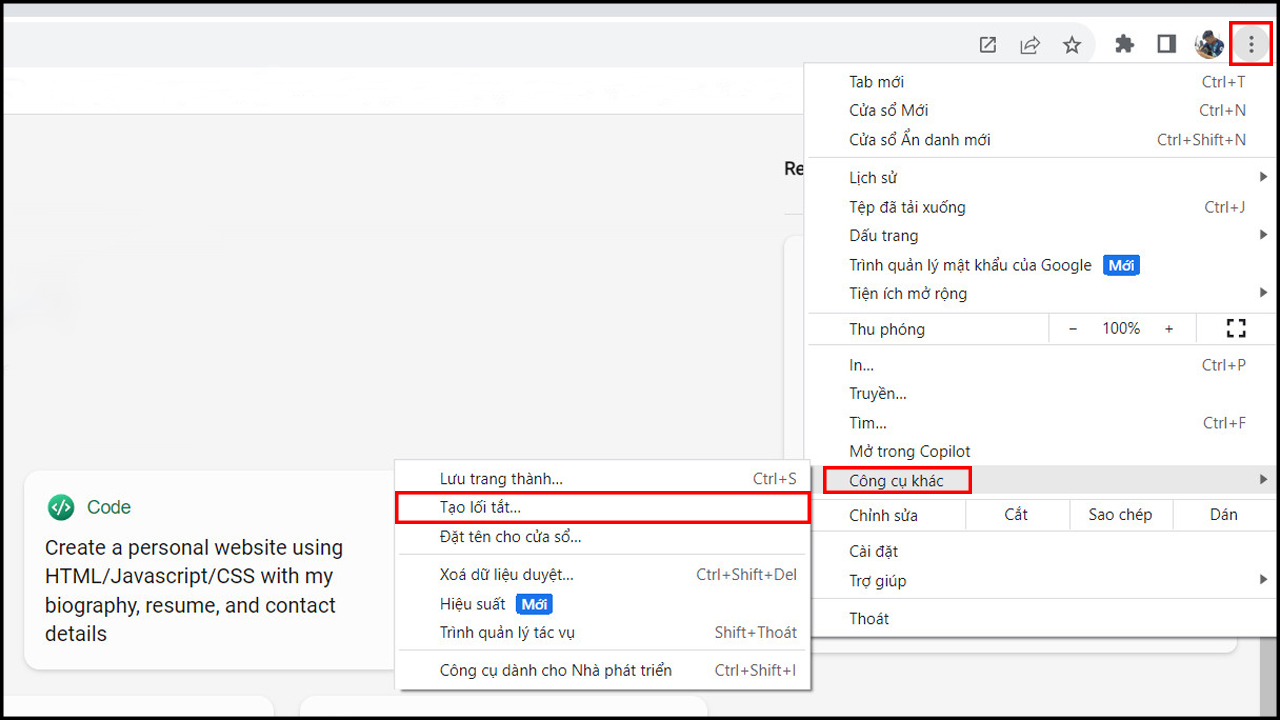 Menu trình duyệt Chrome/Edge hiển thị tùy chọn tạo lối tắt ứng dụng Copilot