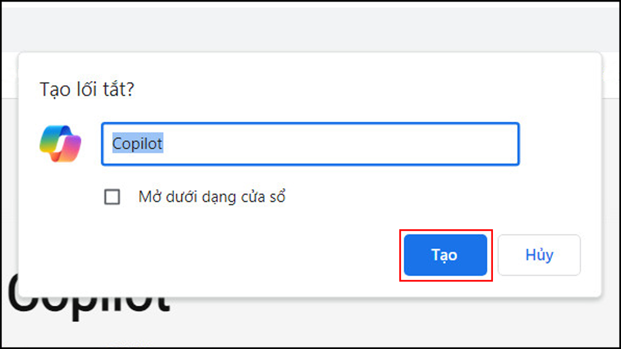 Hộp thoại xác nhận tạo lối tắt ứng dụng Copilot trên máy tính