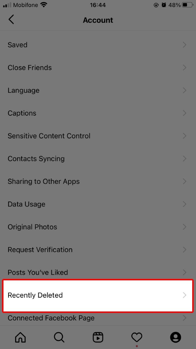 Chọn mục Reccently Deleted để xem các bài viết đã xóa trên Instagram