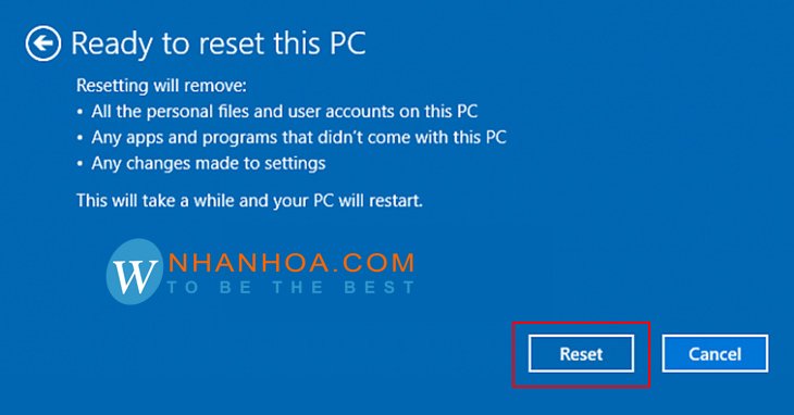 Xác nhận cuối cùng trước khi reset Windows