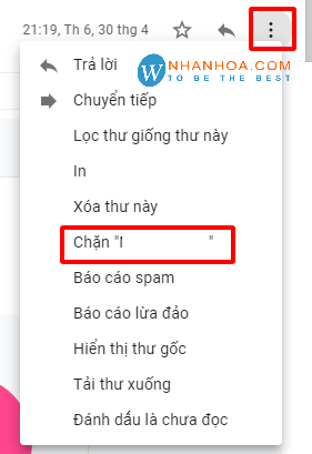 Bước chặn email cụ thể trong Gmail trên máy tính: Nút Thêm.