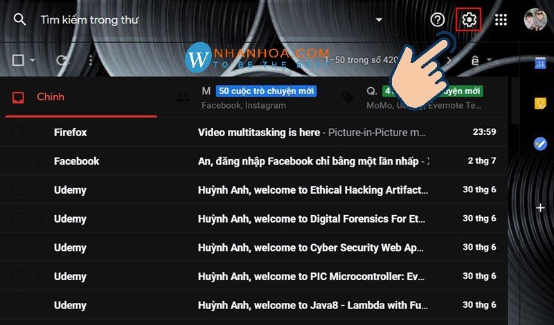 Truy cập cài đặt Gmail để chặn email rác hàng loạt trên máy tính.