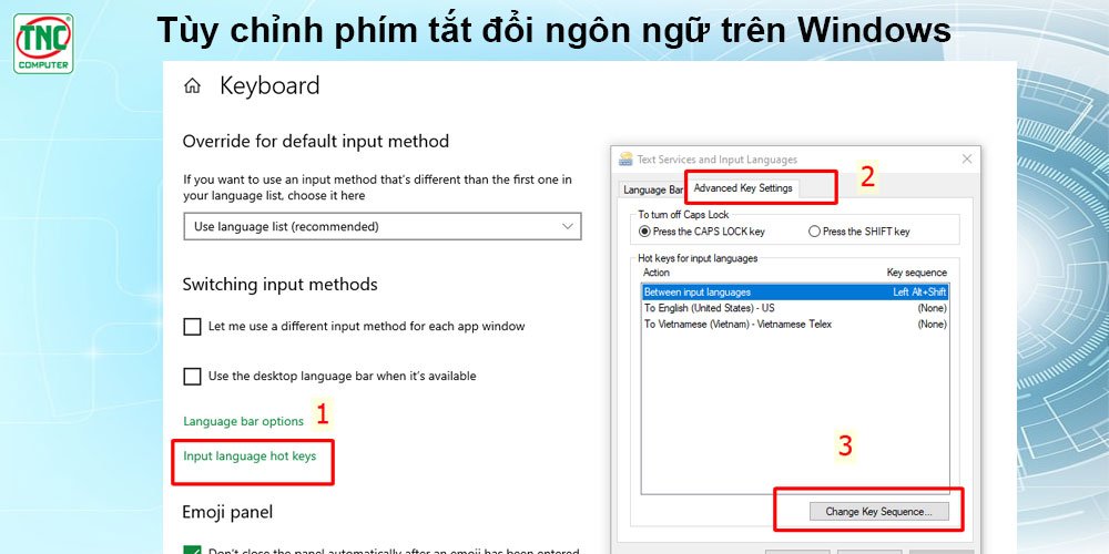 Hộp thoại 'Text Services and Input Languages' trong Windows, chọn 'Advanced Key Settings' để tùy chỉnh phím tắt