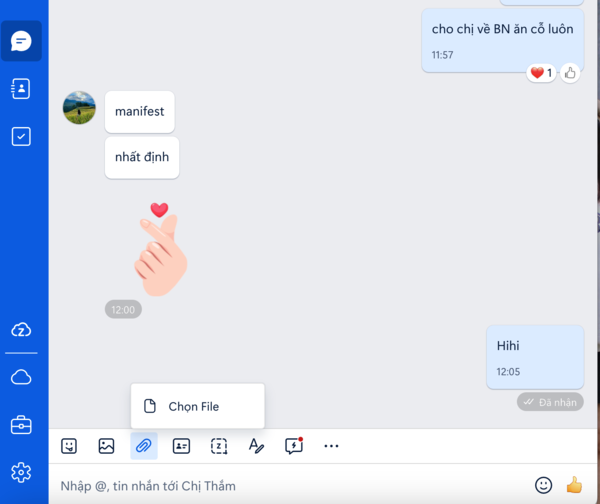 Chọn file Excel từ menu Zalo Desktop để đính kèm file Excel
