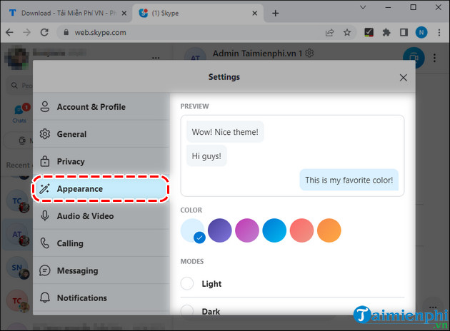 Skype Web - Tùy chỉnh giao diện Tab Appearance để thay đổi giao diện Skype Web